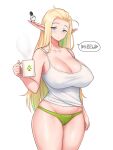  animal_on_head bare_shoulders bird bird_on_head blonde_hair blue_eyes breasts bright_pupils cameltoe camisole cleavage closed_mouth collarbone colored_inner_hair covered_nipples cowboy_shot cup curvy elf forehead freckles green_hair green_panties half-closed_eyes highres holding holding_cup huge_breasts long_hair looking_at_viewer midriff_peek mug multicolored_hair nestkeeper on_head original panties pointy_ears runes shirt simple_background speech_bubble underwear white_background white_shirt 