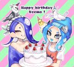  2girls :d animal_on_head bare_shoulders beanie bird bird_on_head blue_headwear blue_shawl breasts cake cephalopod_eyes chest_sarashi collarbone commentary english_commentary eyelashes food green_background grey_eyes hair_over_one_eye happy_birthday hat highres holding holding_plate inkling_girl inkling_player_character jtveemo medium_hair multiple_girls norishiitsu on_head open_mouth parrot party_hat pink_background plate red_eyes sarashi shawl shiver_(splatoon) smile splatoon_(series) splatoon_3 sticker strawberry_cake teeth tentacle_hair thick_eyebrows tooth_earrings two-tone_background upper_body 