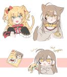  &gt;_o 2girls :q absurdres ahoge akai_haato akai_haato_(gothic_lolita) animal_collar animal_ears berry black_capelet blonde_hair blue_eyes blush box brown_hair brown_hoodie capelet chibi collar dog_ears dog_tail earrings english_text food-themed_earrings frilled_capelet frills hair_ornament hair_ribbon heart heart_collar heart_hair_ornament highres holding holding_leash hololive hololive_english hood hoodie jewelry leash licking_lips long_hair multicolored_hair multiple_girls multiple_views nanashi_mumei nanashi_mumei_(casual) one_eye_closed red_collar red_shirt ribbon shirt streaked_hair sweater tail tongue tongue_out twintails very_long_hair virtual_youtuber white_sweater xx_tk9 yellow_collar yellow_eyes 