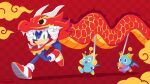  &gt;_&lt; 1boy antennae blue_skin chao_(sonic) chinese_new_year claws colored_skin commentary_request dragon dragon_dance dragon_wings eastern_dragon full_body furry furry_male gloves highres horns looking_at_viewer official_art red_background sonic_(series) sonic_the_hedgehog uno_yuuji white_gloves wings 