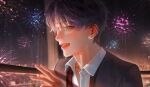  1boy bai_miii_1031 blush ear_blush fireworks formal from_side hand_up highres looking_at_viewer love_and_deepspace male_focus night night_sky purple_eyes purple_hair rafayel_(love_and_deepspace) shadow shirt short_hair sky smile solo suit white_shirt 