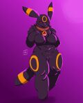 2024 4:5 anthro big_breasts black_body black_fur blush breasts canid canine canis collar digital_drawing_(artwork) digital_media_(artwork) digital_painting_(artwork) eeveelution english_text female fur generation_2_pokemon hi_res humanoid looking_at_viewer mammal nintendo nude pinscher_5d pokemon pokemon_(species) purple_sclera shaded signature simple_background slightly_chubby slightly_chubby_female solo tail text thick_thighs umbreon wide_hips yellow_eyes