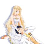  1boy 1girl absurdres alice_zuberg bangs bare_shoulders black_eyes black_hair blonde_hair blue_eyes blush breasts bride dress formal groom hair_between_eyes hair_intakes hairband head_wreath hetero highres holding_hands kirito lap_pillow long_hair lying lying_on_lap on_back open_mouth rain_33 short_hair sidelocks sitting smile suit sword_art_online sword_art_online:_alicization very_long_hair wariza wedding_dress white_dress white_suit 