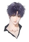  1boy black_shirt brown_eyes collarbone commentary expressionless kanapy lips looking_at_viewer love_and_deepspace male_focus purple_hair rafayel_(love_and_deepspace) shirt short_hair solo symbol-only_commentary 