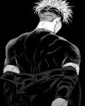  1boy back from_behind gojou_satoru greyscale jujutsu_kaisen male_focus monochrome muscular muscular_male nay_bb shirt short_hair spiked_hair undercut upper_body 