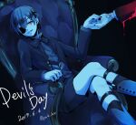  2019 2boys artist_name bishounen black_background black_jacket black_nails black_ribbon black_shorts blood blood_drip blue_hair blue_theme chair ciel_phantomhive crossed_legs dated earrings evil_smile eyepatch glowing glowing_eyes hair_between_eyes highres holding_hands jacket jewelry kodona kuroshitsuji lolita_fashion looking_at_another male_focus multiple_boys open_clothes open_jacket red_eyes ribbon sebastian_michaelis shirt short_hair shorts simple_background sitting smile solo_focus twitter_username victorian white_shirt yu_ki_koo 