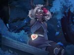  1girl arcadia_(brawlhalla) black_nails black_skin brawlhalla colored_skin facial_mark fingernails flower grey_hair hair_flower hair_ornament highres horns looking_at_viewer night outdoors parted_lips red_flower red_rose rose rukiadaichi sharp_fingernails short_hair sitting solo yellow_eyes 