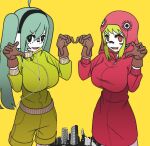  2girls ahoge alternate_costume aqua_hair aqua_pupils black_eyes brown_gloves cityscape colored_skin commentary facial_mark gloves green_hair green_pupils green_shorts green_track_suit gumi hair_between_eyes hakayu hatsune_miku headphones highres hood hood_up hoodie long_hair long_hoodie looking_at_viewer matryoshka_(vocaloid) mouth_piercing multicolored_eyes multiple_girls open_mouth paw_pose red_eyes red_hoodie sharp_teeth short_hair shorts sidelocks simple_background smile teeth track_suit twintails upper_teeth_only very_long_hair vocaloid white_headphones white_skin yellow_background zipper 