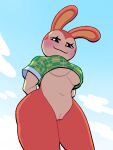 absurd_res animal_crossing anthro blush bottomless breasts bunnie_(animal_crossing) clothed clothing female genitals hands_behind_back hi_res lagomorph leporid looking_at_viewer lovetopullmicke low-angle_view mammal nintendo pussy rabbit sky smug solo under_boob