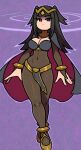  1girl akairiot black_hair blunt_bangs bodystocking bodysuit bracelet breasts bridal_gauntlets cape circlet covered_navel english_commentary fire_emblem fire_emblem_awakening full_body highres jewelry long_hair looking_at_viewer medium_breasts purple_eyes skin_tight solo standing tharja_(fire_emblem) tiara two-tone_cape two_side_up 