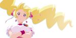  1girl blonde_hair choker closed_mouth crossed_arms cure_peach earrings fresh_precure! fuchi_(nightmare) hair_ornament heart heart_earrings heart_hair_ornament jewelry long_hair magical_girl momozono_love pink_choker pink_eyes pink_wrist_cuffs precure simple_background solo twintails upper_body white_background wrist_cuffs 