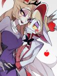  1boy 1girl absurdres blonde_hair demon demon_boy demon_girl demon_horns dress hazbin_hotel highres horns husband_and_wife lilith_(hazbin_hotel) lucifer_(hazbin_hotel) siomeronpan17 