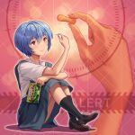  1girl arm_rest ayanami_rei black_socks blue_hair blue_skirt blurry bokeh box brown_footwear closed_mouth commentary crosshair depth_of_field dress_shirt elbow_rest food full-body_tattoo grid_background hair_between_eyes highres holding holding_box holding_food holding_snack knees_up light_blush light_smile loafers looking_at_object neon_genesis_evangelion on_ground outline pink_background pleated_skirt red_eyes school_uniform shadow shirt shoes short_hair short_sleeves sign sitting skirt snack socks solo suspender_skirt suspenders tattoo tokyo-3_middle_school_uniform warning_sign white_outline white_shirt yahha zoom_layer 