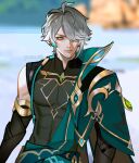 1boy ahoge alhaitham_(genshin_impact) bangs blue_eyes blurry blurry_background cape covered_navel elbow_gloves gem genshin_impact gloves green_gemstone grey_hair hair_over_one_eye highres looking_to_the_side male_focus mistermagnolia muscular muscular_male outdoors parted_lips see-through short_hair solo swept_bangs twitter_username upper_body 