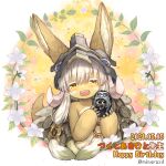  1other animal_ears blackcat_(blackcatbox) blush brown_fur commentary_request confetti dated fangs flower furry gift_art grey_hair hands_up happy_birthday helmet holding horizontal_pupils looking_at_viewer made_in_abyss multiple_sources nanachi_(made_in_abyss) open_mouth other_focus outside_border round_image smile solo teeth topless twitter_username upper_body upper_teeth watermark whiskers white_flower yellow_eyes 