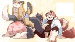  &lt;3 2022 ailurid anthro belly big_belly bulge butt canid canine clothed clothing dokyudokyu1 group hi_res kemono male male/male mammal moobs nipples open_clothing open_shirt open_topwear overweight overweight_male red_panda shirt sitting topwear underwear unknown_species 