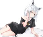  1girl adjusting_hair ahoge animal_ear_fluff animal_ears bed_sheet black_shirt blush braid collarbone commentary_request earrings extra_ears fox_ears fox_girl green_eyes hair_between_eyes highres hololive jewelry long_hair looking_at_viewer lying on_side shirakami_fubuki shirakami_fubuki_(7th_costume) shirt sidelocks signature simple_background single_braid sirogami_0614 smile solo virtual_youtuber white_background white_hair 