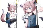  1girl absurdres ahoge animal_ear_fluff animal_ears arknights armpits bare_shoulders black_pantyhose blue_dress blue_eyes blush brown_hair closed_mouth commentary_request cup dress fox_ears fox_girl fox_tail gloves hair_between_eyes hair_intakes highres holding holding_cup mug multiple_views pantyhose parted_lips shadow shoes simple_background spam_(spamham4506) squatting sussurro_(arknights) sweat tail tiptoes white_background white_footwear white_gloves 