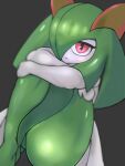  curled_up eyelashes female fetal_pose generation_3_pokemon glistening glistening_body green_body hi_res humanoid kirlia knees_pulled_up looking_at_viewer nintendo not_furry pepper_gomashio pokemon pokemon_(species) red_body red_eyes simple_background solo video_games white_body 
