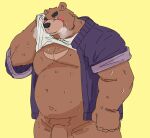 2024 anthro araiguma_11 bear belly blush bodily_fluids clothed clothing clothing_lift genitals juuichi_mikazuki kemono male mammal moobs morenatsu musclegut overweight overweight_male penis pubes shirt shirt_lift solo sweat topwear