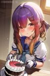 1girl birthday blue_neckerchief cake food fork gloves hair_ornament hairclip happy_birthday highres holding holding_fork holding_knife indoors kantai_collection knife looking_at_viewer multicolored_hair neckerchief plate puffy_short_sleeves puffy_sleeves purple_eyes purple_hair sailor_collar school_uniform serafuku short_hair short_sleeves sidelocks solo tsushima_(kancolle) unidentified_nk white_gloves 
