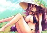  1girl arm_support awee bare_arms blush breasts cleavage closed_mouth dark_mage_(monster_girl_encyclopedia) flower grass hair_between_eyes hat highres large_breasts legs light_smile long_hair monster_girl_encyclopedia navel purple_hair sitting skull sky solo very_long_hair yellow_eyes 