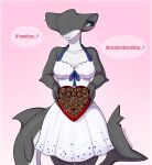 abigail_(hazardtime) anthro blue_eyes blush box_of_chocolates breasts candy chocolate clothed clothing dessert dialogue dress female fin fish food freckles front_view fully_clothed grey_body ground_shark hammerhead_shark heart_box hi_res holidays kitsunewaffles-chan long_tail marine non-mammal_breasts shark smile solo speech_bubble standing tail tail_fin valentine&#039;s_day