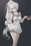 1girl bare_arms black_sleeves blue_eyes breasts cleavage clothes_lift crown dress grey_background high_ponytail highres holding_hands long_hair medium_breasts rwby scar scar_across_eye skirt skirt_lift smile solo thighs wangxiii weiss_schnee white_dress whter 