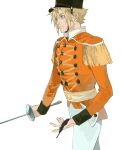  1boy black_feathers black_headwear blonde_hair blue_eyes cloud_strife epaulettes feathers final_fantasy final_fantasy_vii foil_(fencing) hat highres holding holding_feather holding_sword holding_weapon jacket looking_to_the_side military_hat military_uniform nutcracker orange_jacket pants short_hair simple_background sleeve_cuffs solo sword uniform upper_body weapon white_background white_pants xscr1205 