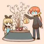  2girls apron aqua_eyes arm_at_side black_bow black_footwear black_hairband black_sweater blonde_hair blue_apron blunt_bangs bow bow_hairband bright_pupils brown_background brown_eyes closed_mouth commentary_request cup_ramen fork frown grey_pants hair_bow hairband hand_up hands_up highres holding holding_fork holding_kettle holding_knife jitome knife kotatsu light_blush long_hair long_sleeves multiple_girls no_sclera open_mouth orange_hair original pants pouring short_hair_with_long_locks sleeves_past_wrists smile standing sweater table takurada turtleneck turtleneck_sweater white_pupils yellow_bow 