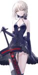 1girl artoria_pendragon_(fate) bare_shoulders black_dress black_gloves black_thighhighs braid breasts cleavage collarbone dress elbow_gloves excalibur_morgan_(fate) fate/grand_order fate_(series) french_braid gloves grey_hair highres looking_at_viewer medium_hair parted_lips pttyr saber_alter sidelocks smile solo sword thighhighs thighs weapon yellow_eyes 