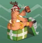 2024 accessory alcohol anthro antlers areola beer beer_mug beverage big_breasts big_butt bow_ribbon breasts brown_body brown_fur brown_hair butt christmas christmas_clothing christmas_headwear clothing container cup deer female fur furgonomics gift gift_box hair happy hat headgear headwear hi_res holding_object holidays hooves horn long_hair looking_back mammal mostly_nude multicolored_body overweight overweight_female presenting presenting_hindquarters rear_view ribbons santa_hat simple_background sitting slightly_chubby slightly_chubby_female solo tail tail_accessory tail_bow tail_ribbon thick_thighs twistedteeth two_tone_body