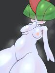  areola blush breasts female generation_3_pokemon glistening glistening_body green_body hair hair_over_eyes hand_on_mouth hi_res humanoid low-angle_view nintendo nipples not_furry pepper_gomashio pokemon pokemon_(species) ralts solo steam video_games white_body 