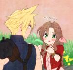  1boy 1girl aerith_gainsborough armor artist_name bangle blonde_hair blue_eyes blue_shirt blush bracelet braid braided_ponytail brown_hair choker cloud_strife cropped_jacket dated dress final_fantasy final_fantasy_vii final_fantasy_vii_remake flower garden grass green_eyes hair_between_eyes hair_ribbon holding holding_plant jacket jewelry krudears long_hair looking_at_another parted_bangs pink_dress pink_ribbon plant red_jacket ribbon ribbon_choker shirt short_hair short_sleeves shoulder_armor sidelocks single_bare_shoulder single_braid single_shoulder_pad sleeveless sleeveless_turtleneck spiked_hair suspenders sweatdrop tongue tongue_out turtleneck upper_body v-shaped_eyebrows wavy_hair yellow_flower 