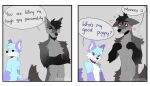 &lt;3 2024 anthro artist_name black_nose blue_body blue_fur canid canine crossed_arms dialogue digital_media_(artwork) duo english_text fox fur gloves_(marking) mammal markings smile speech_bubble spraykitty text