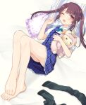  1girl bare_legs barefoot bed_sheet blue_dress blue_neckerchief blush collared_shirt commission dress feet full_body hand_up highres kneehighs_removed knees_up lace_trim legs legs_together legwear_removed long_hair looking_at_viewer lying neckerchief on_back ongeki open_mouth pillow plaid plaid_dress puffy_short_sleeves puffy_sleeves purple_eyes purple_hair shinonome_tsumugi shiny shiny_hair shiny_skin shirt short_sleeves skeb_commission sleeveless sleeveless_dress socks solo striped striped_socks stuffed_animal stuffed_sheep stuffed_toy thighs tkd_dadada toes twintails upper_body vertical_stripes white_shirt 