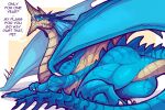 absurd_res ambiguous_gender belly_scales blue_body blue_scales claws dialogue dragon featureless_crotch feral hi_res lluisabadias long_neck long_tail looking_at_viewer looking_back looking_back_at_viewer membrane_(anatomy) membranous_wings pupils scales scalie sharp_teeth slit_pupils solo speech_bubble spiked_tail spikes spikes_(anatomy) tail teeth thick_thighs western_dragon wings yellow_eyes