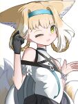  1girl ;d absurdres animal_ear_fluff animal_ears arknights bare_shoulders black_gloves blonde_hair blue_hairband braid breasts fox_ears fox_girl fox_tail gloves green_eyes hair_rings hairband hands_up highres kitsune multicolored_hair one_eye_closed shirt simple_background single_glove small_breasts smile solo spam_(spamham4506) suzuran_(arknights) tail twin_braids two-tone_hair white_background white_hair white_shirt 