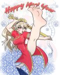  barefoot breasts china_dress chinese_clothes corrin_(female)_(fire_emblem) corrin_(fire_emblem) covered_navel dragon dress fire_emblem fire_emblem_awakening full_body hairband happy_new_year highres holding holding_sword holding_weapon kung_fu large_breasts legendsnjk long_hair looking_up open_mouth pointy_ears short_sleeves split standing standing_on_one_leg standing_split sword weapon 