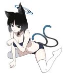  1girl animal_ears ass black_bra black_eyes black_hair black_panties blue_archive blue_halo bra breasts cat_ears cat_tail cleavage collarbone full_body halo highres kikyou_(blue_archive) medium_breasts multiple_tails nyaru_(nyaru_4126) panties parted_lips short_hair simple_background solo tail thighhighs two_tails underwear white_background white_thighhighs 