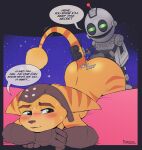 absurd_res alien anal anal_fingering anthro big_ears body_fur clank clank_(ratchet_and_clank) dialogue embarrassed english_text fingering hi_res holding_tail machine male male/male metallic_body onomatopoeia parody ratchet ratchet_and_clank robot solo sony_corporation sony_interactive_entertainment sound_effects striped_body stripes tail tail_pull text tobbywolf