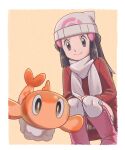  1girl beanie black_hair boots border closed_mouth coat commentary_request dawn_(pokemon) eyelashes grey_eyes hair_ornament hairclip hat highres long_hair long_sleeves looking_down over-kneehighs pink_footwear pokemon pokemon_(creature) pokemon_dppt pokemon_platinum red_coat sawa_(soranosawa) scarf sidelocks smile squatting tatsugiri thighhighs white_border white_headwear white_scarf yellow_background 