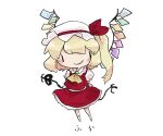  1girl arms_behind_back blonde_hair chibi flandre_scarlet full_body hat hat_ribbon laevatein_(touhou) long_hair looking_at_viewer mob_cap multicolored_wings negi_(kyouki-beya) one_side_up puffy_short_sleeves puffy_sleeves red_ribbon red_skirt red_vest ribbon shirt short_sleeves skirt solid_oval_eyes solo touhou vest white_headwear white_shirt wings 