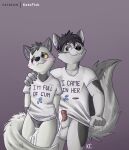 absurd_res anthro balls blush bodily_fluids bottomless boyfriends canid canine canis clothed clothing cum cum_inside domestic_dog duo genital_fluids genitals hi_res intersex intersex/intersex katxfish male male/male mammal penis pussy shirt shy t-shirt topwear