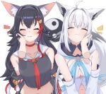  2girls :3 absurdres ahoge angeldu animal_ear_fluff animal_ears bare_shoulders bell black_hair black_serafuku black_skirt black_sleeves blue_neckerchief blush breasts choker cleavage closed_eyes closed_mouth collarbone commentary_request cropped_shirt detached_sleeves disembodied_limb earrings flipped_hair fox_ears fox_girl fox_tail front_slit grin hair_between_eyes hair_intakes hair_ornament hairclip hand_on_another&#039;s_cheek hand_on_another&#039;s_face highres hololive hood hooded_vest hoodie jewelry jingle_bell kouhaku_nawa large_breasts light_blush long_hair medium_breasts midriff midriff_peek multicolored_hair multiple_girls navel neckerchief ookami_mio ookami_mio_(1st_costume) open_mouth pov pov_hands red_choker red_hair red_neckerchief rope sailor_collar school_uniform serafuku shimenawa shirakami_fubuki shirakami_fubuki_(1st_costume) sidelocks simple_background single_earring skirt smile spiked_hair streaked_hair tail upper_body vest virtual_youtuber white_background white_hair white_sailor_collar white_sleeves white_vest wide_sleeves wolf_ears wolf_girl yin_yang 
