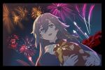  alternate_costume amyucheu birthday blue_eyes chinese_new_year chinese_zodiac english_commentary fireworks fu_hua grey_hair hair_between_eyes highres holding honkai_(series) honkai_impact_3rd jingwei_(bird) korean_commentary long_hair mixed-language_commentary night open_mouth outdoors sky teeth upper_body upper_teeth_only year_of_the_dragon 