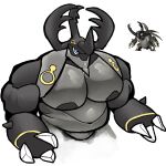anthro arthropod beetle belly biceps black_body blue_eyes hi_res insect male musclegut navel nipples palworld pecs solo warsect weirdocoon