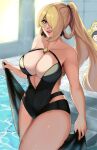  3girls bare_shoulders black_nails blonde_hair breasts caitlin_(pokemon) chibi cleavage cynthia_(pokemon) earrings high_ponytail highleg highleg_swimsuit highres hip_vent jewelry large_breasts long_hair looking_at_viewer michael_lavacca multiple_girls navel one-piece_swimsuit pokemon pokemon_bw pokemon_dppt pokemon_xy pool strapless swimsuit 