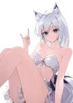  1girl absurdres ahoge animal_ear_fluff animal_ears blush braid breasts cleavage commentary_request fox_ears fox_girl fox_shadow_puppet fox_tail green_eyes hair_between_eyes highres hololive knees_up long_hair looking_at_viewer ninjyang0903 shirakami_fubuki sidelocks simple_background single_braid sitting small_breasts smile solo tail virtual_youtuber white_background white_hair 