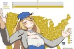  1girl blonde_hair blue_headwear blush_stickers closed_eyes closed_mouth commentary detached_collar dokibird_(vtuber) english_commentary english_text grey_jacket hands_up indie_virtual_youtuber jacket jkterjter_(phrase) long_hair long_sleeves map meme open_clothes open_jacket ozornayashoujo photo-referenced politics sidelocks solo united_states upper_body very_long_hair virtual_youtuber 